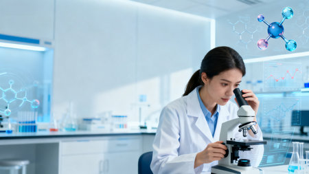 Woman in lab examining with microscopeの素材