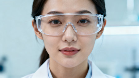 Woman wearing protective eyewear in labの素材