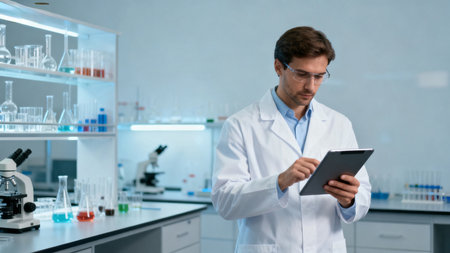 Scientist in lab working with tabletの素材