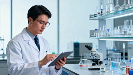 Scientist in lab examining tabletの素材