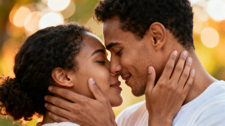 Closeup of couple touching foreheadsの素材