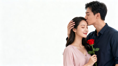 Man kissing woman holding red roseの素材
