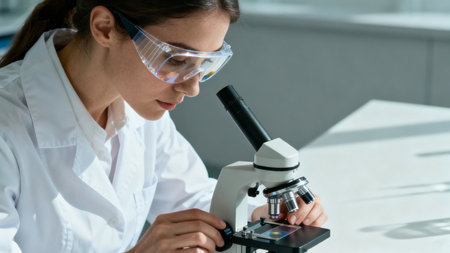 Woman in lab coat using microscopeの素材