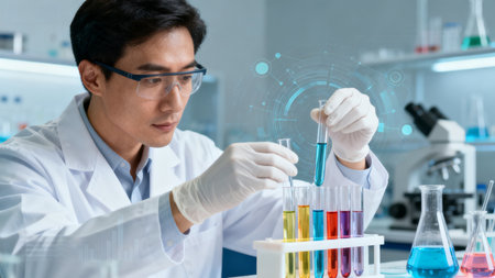 Scientist in lab examining test tubesの素材