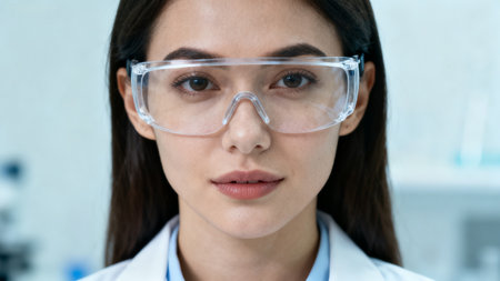 Woman wearing protective goggles in labの素材