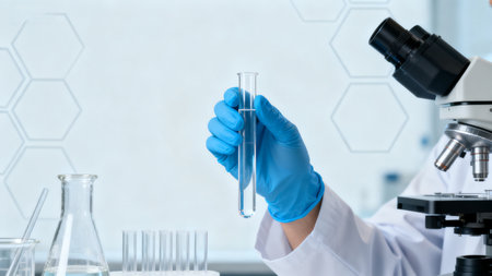 Scientist holding test tube in labの素材