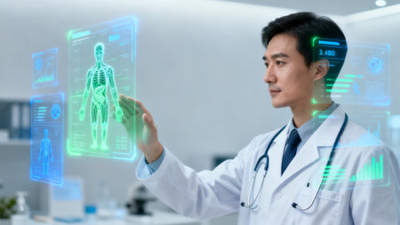 asian male doctor pointing at x-ray image of human bodyの素材