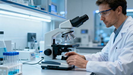 Scientist working with microscope in labの素材