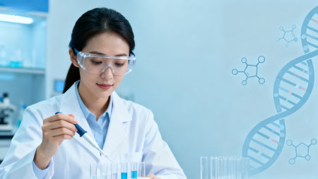 Woman in lab coat working with test tubesの素材