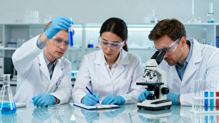 Scientists in lab examining test tubeの素材