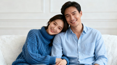 Smiling couple sitting togetherの素材