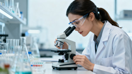 Woman in lab coat using microscopeの素材