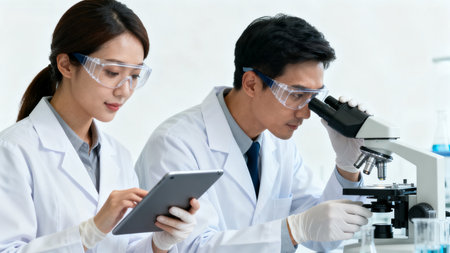 Scientists in lab with microscopeの素材