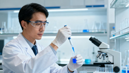 scientist working with test tube and microscope in laboratory. asianの素材