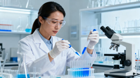 Woman in lab coat working with test tubesの素材