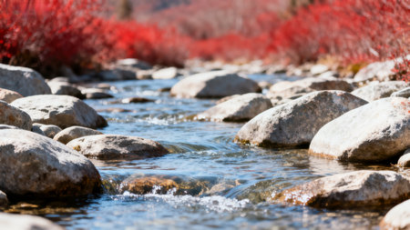 Stream with rocks and red foliageの素材