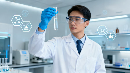 Scientist examining test tube in labの素材