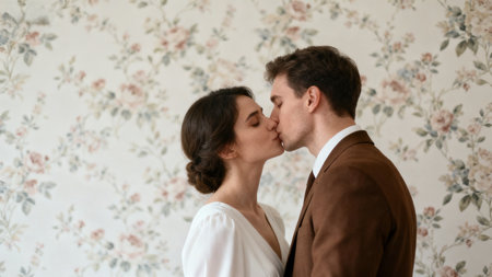 Couple sharing a kiss in front of floral wallpaperの素材