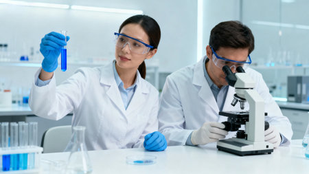 Scientists in lab with test tube and microscopeの素材