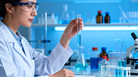 Woman in lab coat examination test tubeの素材