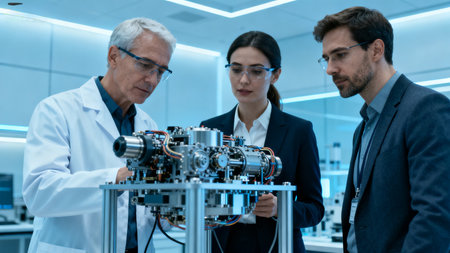 Three scientists examining equipment in labの素材