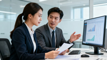 Business people discussing the charts and graphs showing the results of their successful teamworkの素材