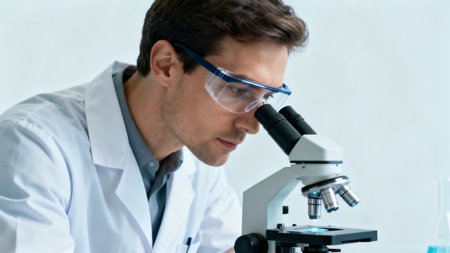 Scientist using microscope in labの素材