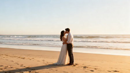 Couple kissing on beach at sunsetの素材