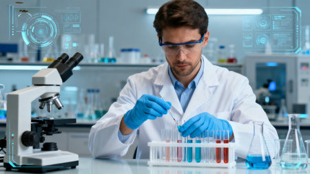 Scientist in lab with test tubesの素材