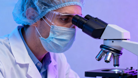 Scientist in Lab Using Microscopeの素材