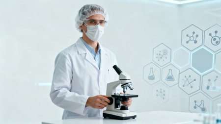 Scientist in lab with microscopeの素材