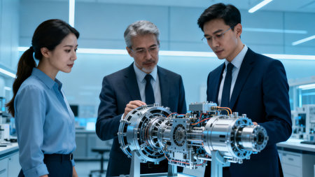 Three people examining a machine in a labの素材