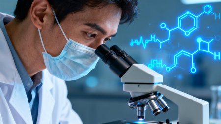 Scientist Using Microscope with Chemical Structuresの素材