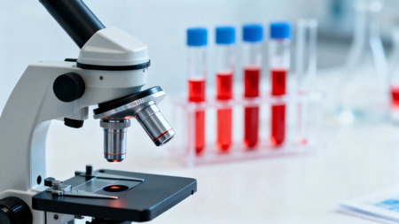 Microscope and test tubes with red liquidの素材