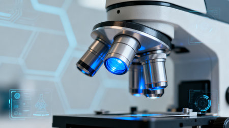 Closeup of a microscope in a labの素材
