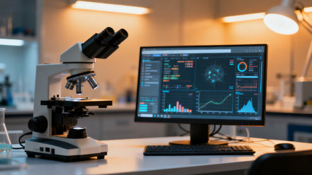 Laboratory microscope and computer screenの素材