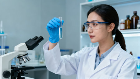 Woman in lab examining test tubeの素材