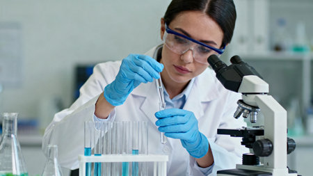 Woman in lab examining test tubeの素材