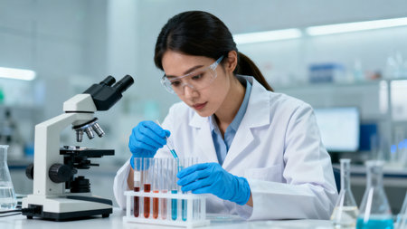 Woman in lab coat conducting scientific experimentの素材