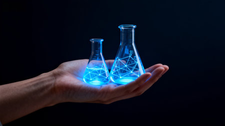Hand holding glowing blue flasksの素材