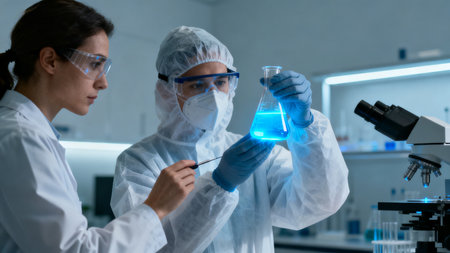 Scientists in lab examining blue liquidの素材