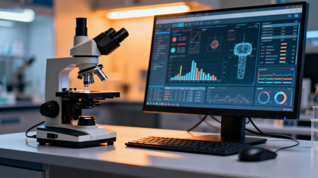 Microscope and computer screen in labの素材