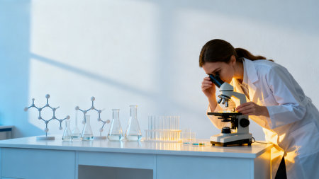 Scientist using microscope in labの素材