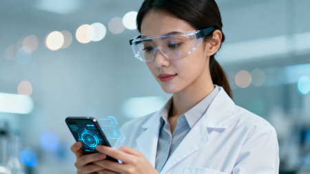 Woman in lab coat using smartphoneの素材