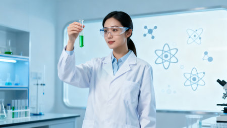 Woman in lab coat holding test tubeの素材