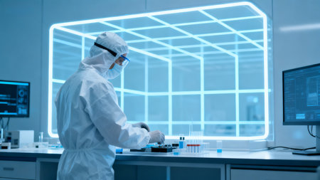 Scientist in protective suit working in labの素材