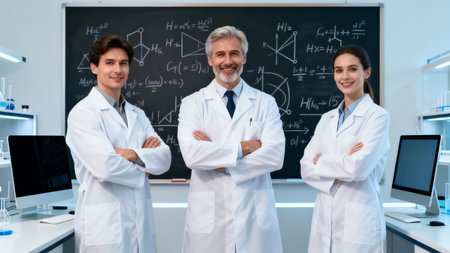 Three scientists in lab with blackboardの素材