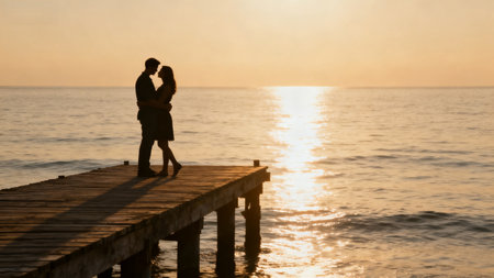 Couple embracing on pier at sunsetの素材