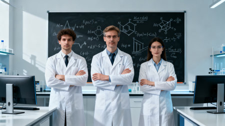 Three scientists in a labの素材