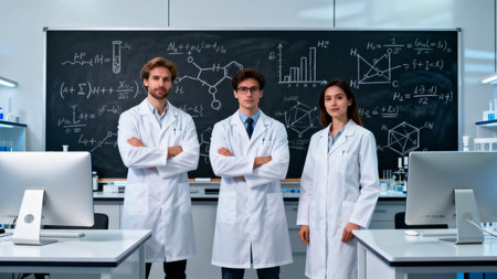 Three scientists in lab with chalkboardの素材